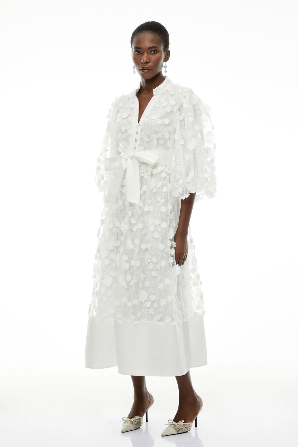 Olympia White Puff Sleeve Midi Dress with 3D Florals