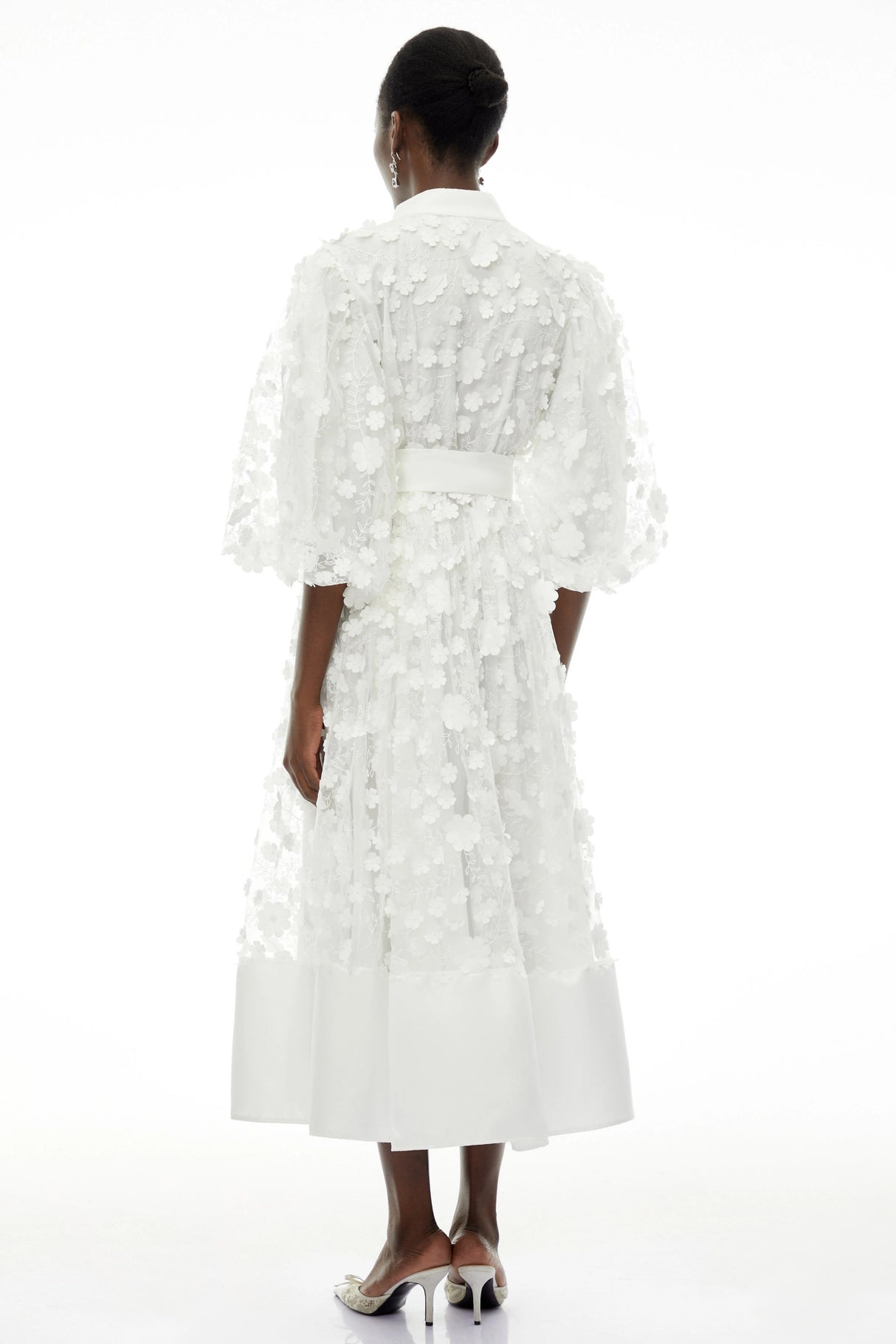 Olympia White Puff Sleeve Midi Dress with 3D Florals