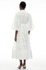 Olympia White Puff Sleeve Midi Dress with 3D Florals