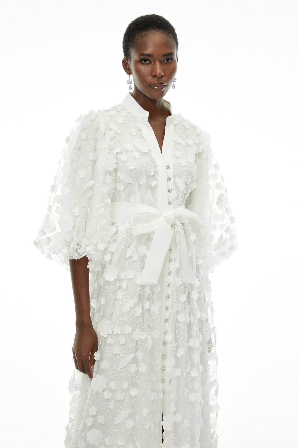 Olympia White Puff Sleeve Midi Dress with 3D Florals