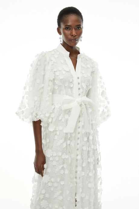 Benedetta Midi Dress White Puff Sleeve with 3D Florals