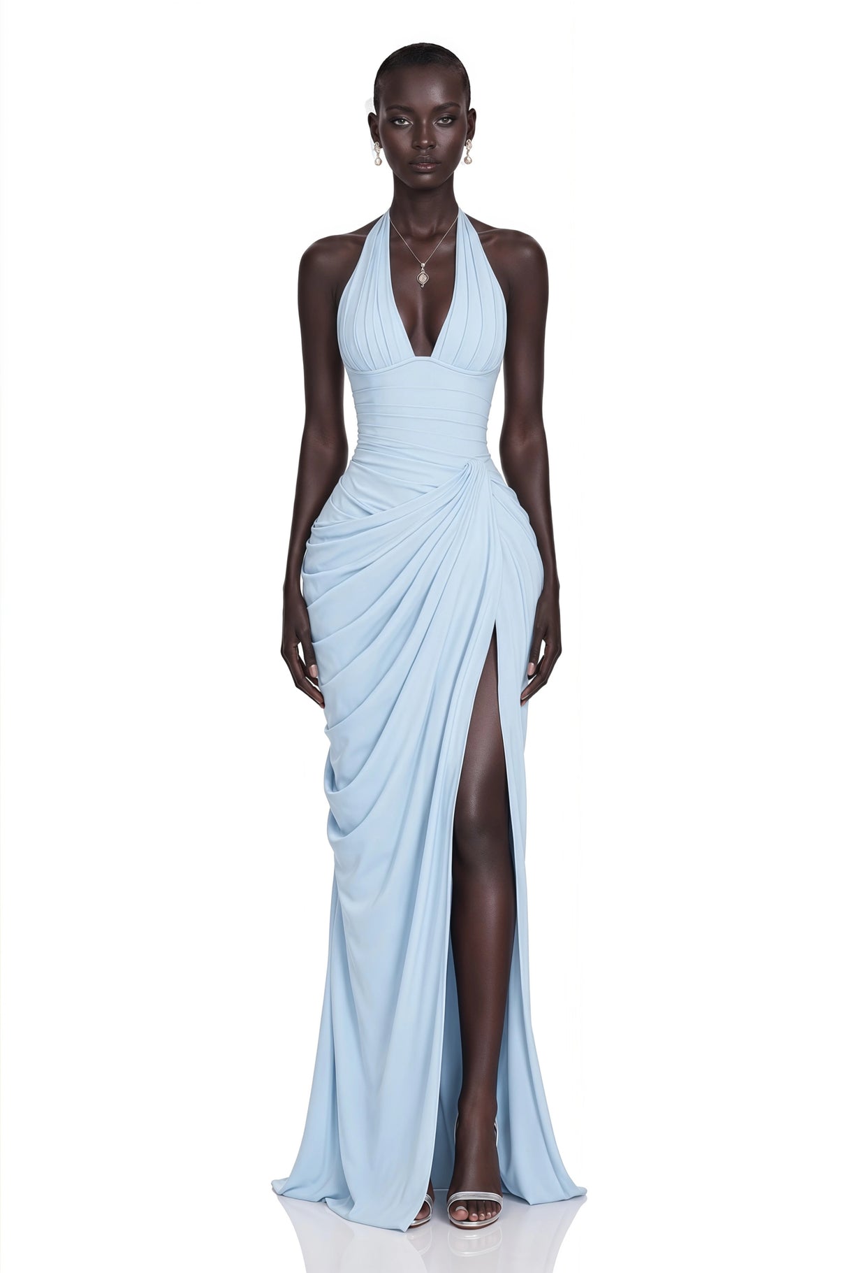 Ombeline Blue Halterneck Ruched Maxi Dress with Slit