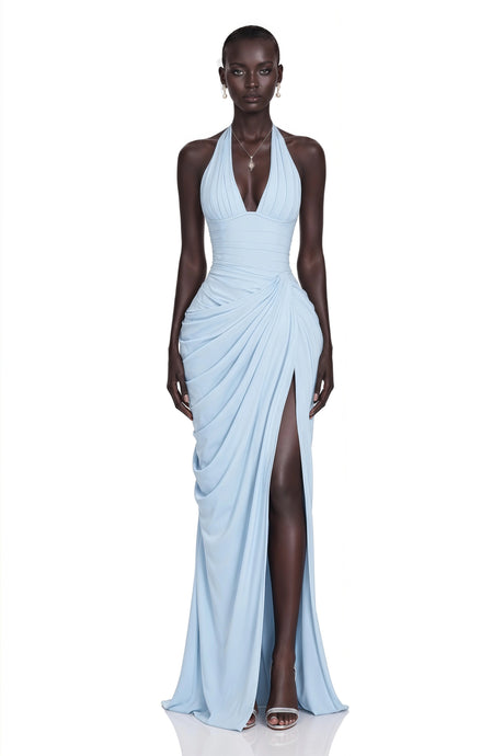 Lauretta Maxi Dress Blue Halterneck Ruched with Slit