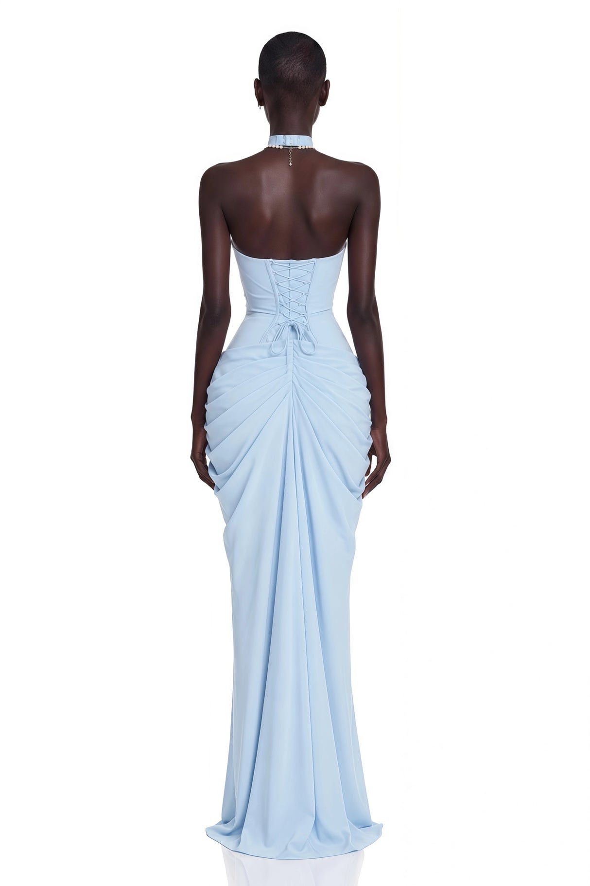 Ombeline Blue Halterneck Ruched Maxi Dress with Slit