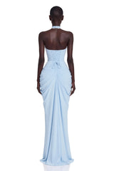 Ombeline Blue Halterneck Ruched Maxi Dress with Slit