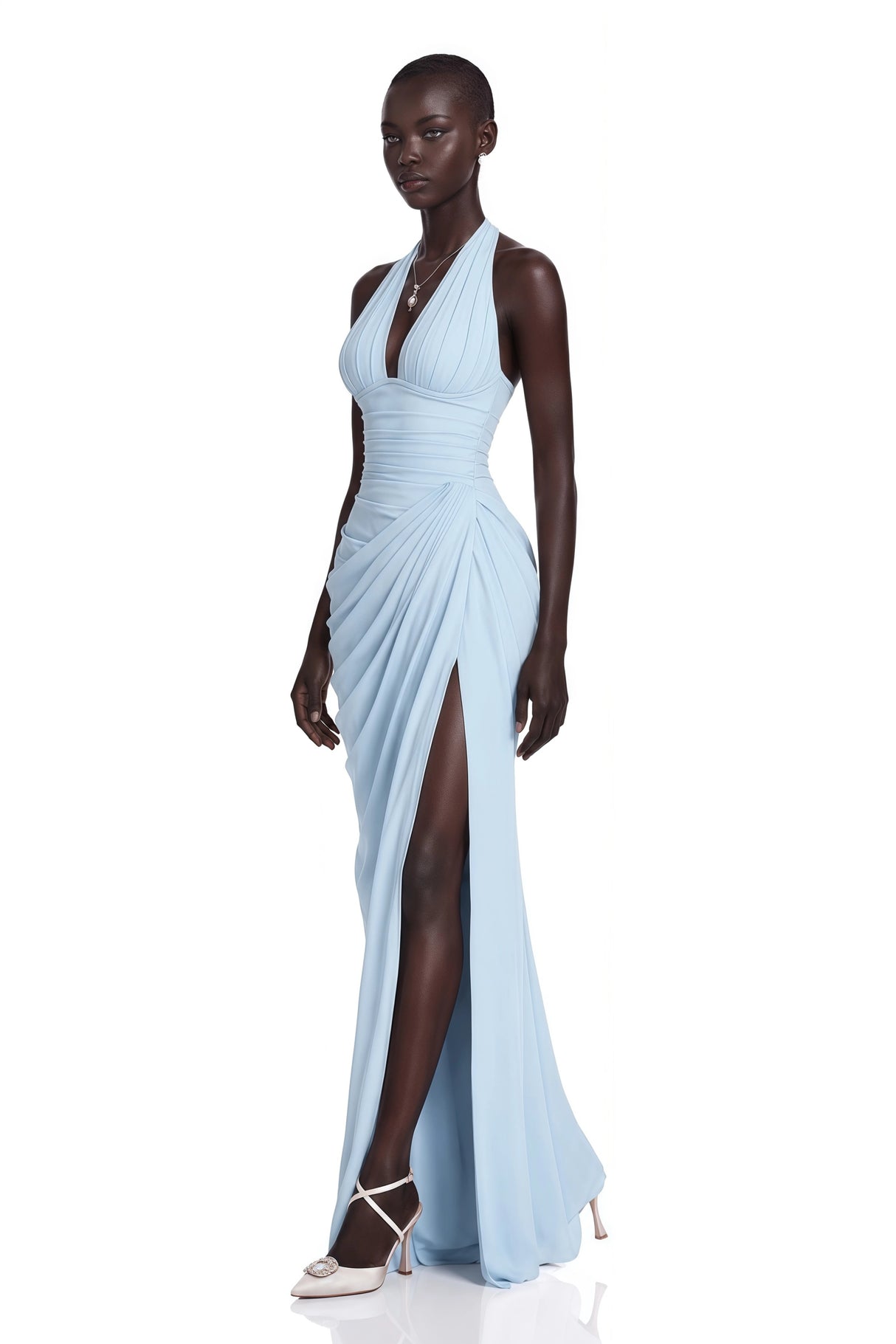 Ombeline Blue Halterneck Ruched Maxi Dress with Slit