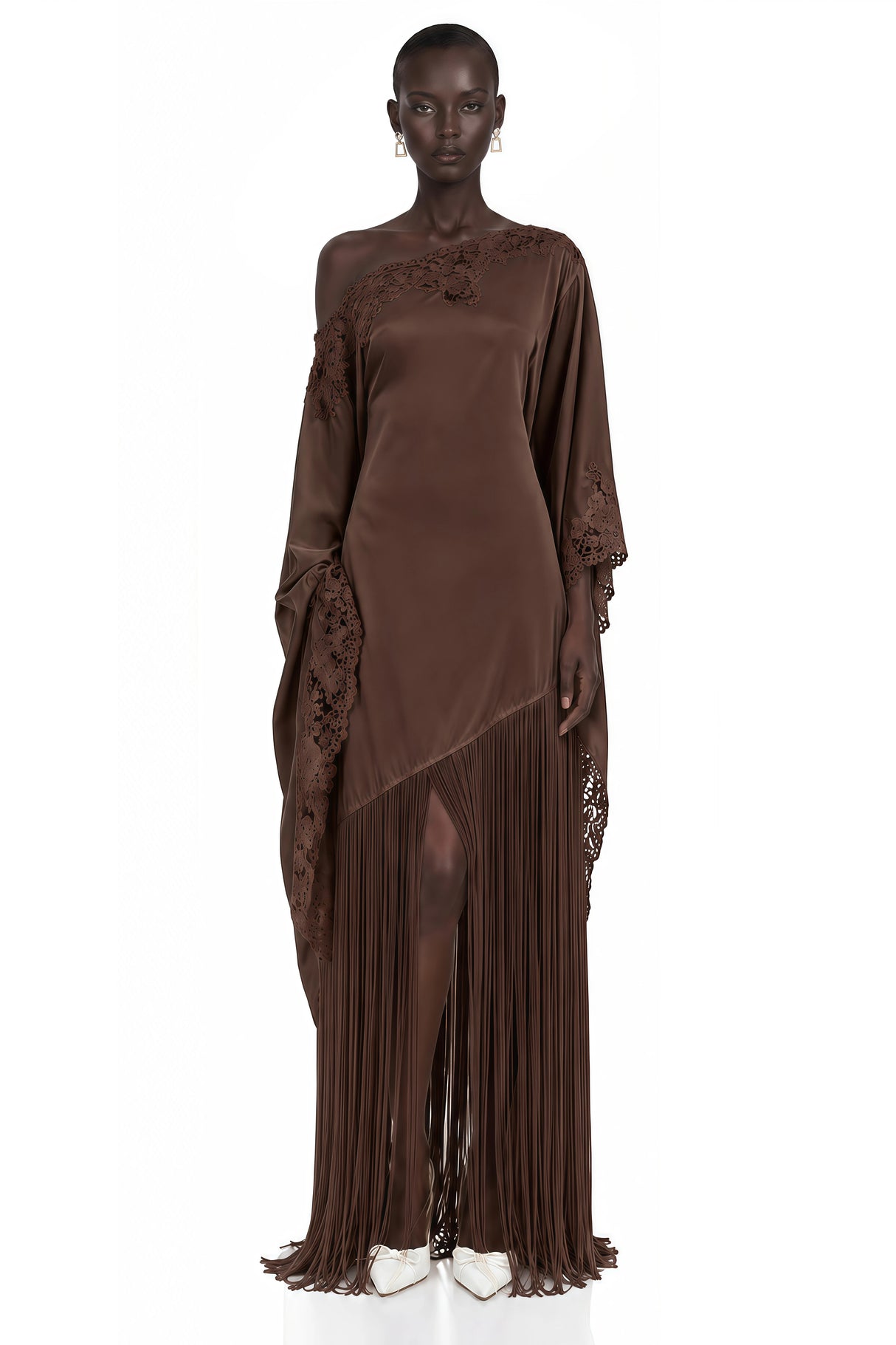 Ombeline Brown Asymmetrical Maxi Dress with Fringe