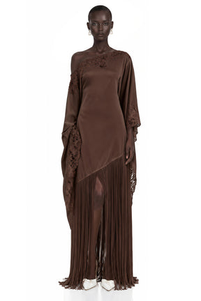Ombeline Brown Asymmetrical Maxi Dress with Fringe