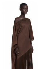 Ombeline Brown Asymmetrical Maxi Dress with Fringe