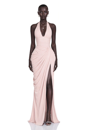 Ombeline Pink Halterneck Ruched Maxi Dress with Slit