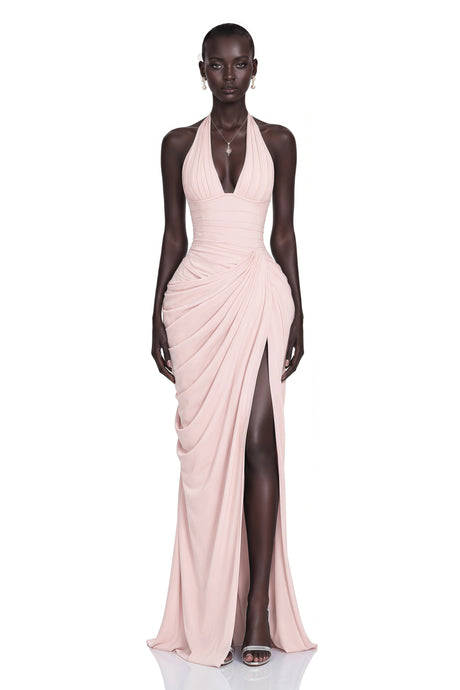 Silvana Maxi Dress Pink Halterneck Ruched with Slit
