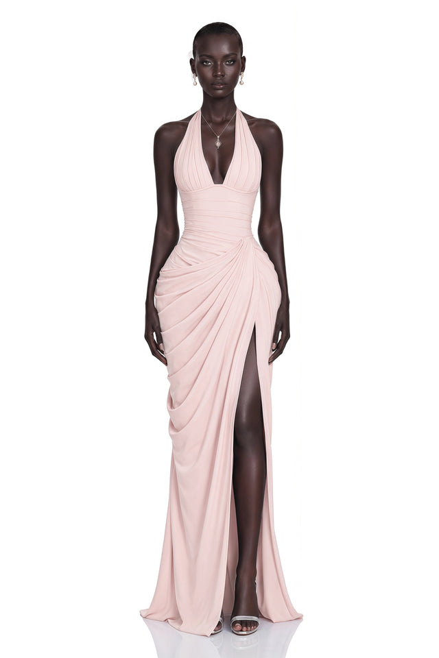 Ombeline Pink Halterneck Ruched Maxi Dress with Slit