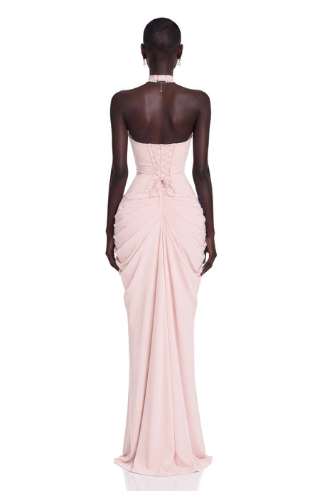 Silvana Maxi Dress Pink Halterneck Ruched with Slit