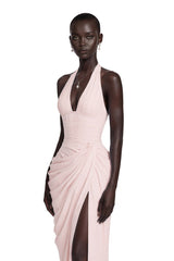 Ombeline Pink Halterneck Ruched Maxi Dress with Slit