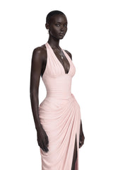 Ombeline Pink Halterneck Ruched Maxi Dress with Slit