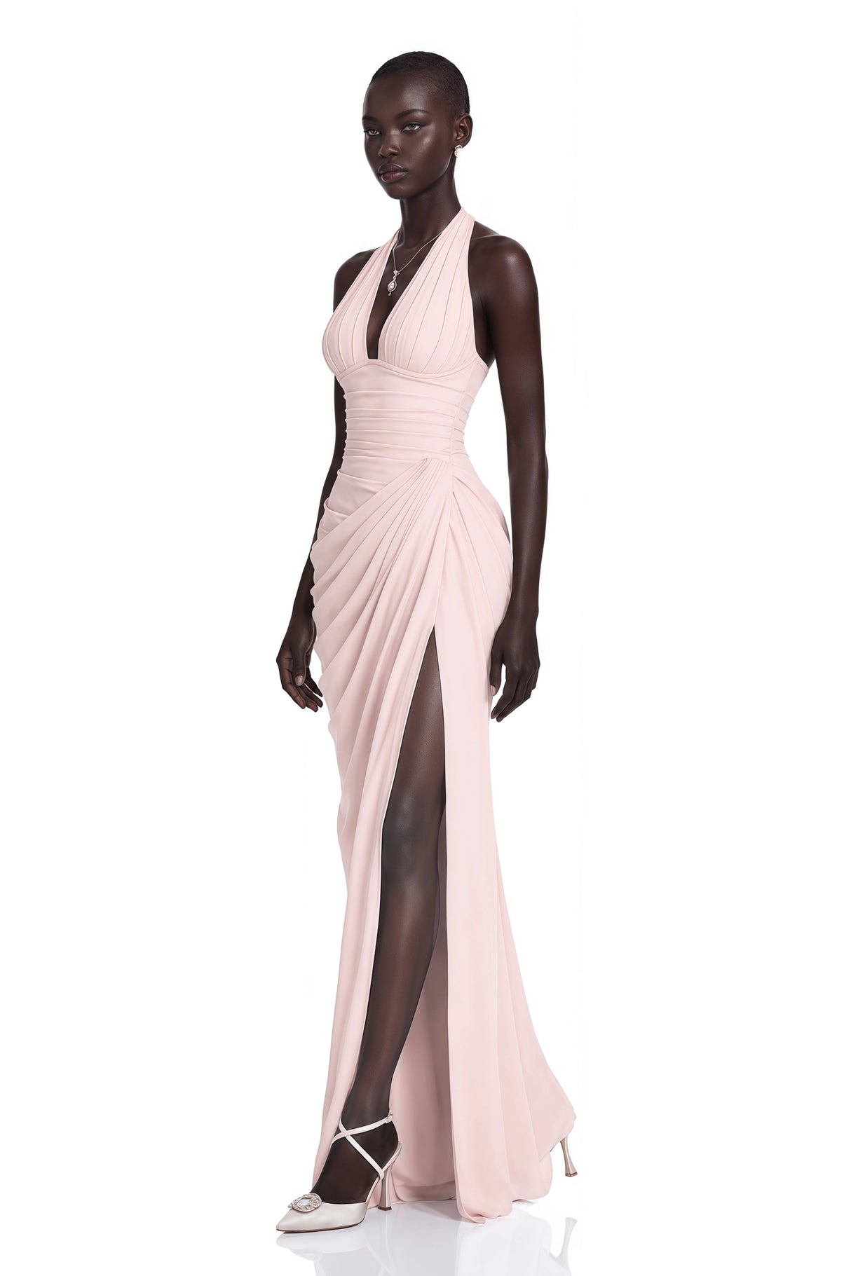 Ombeline Pink Halterneck Ruched Maxi Dress with Slit
