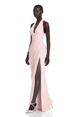 Ombeline Pink Halterneck Ruched Maxi Dress with Slit