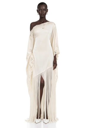 Ombeline White Asymmetrical Maxi Dress with Fringe