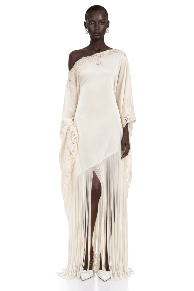 Ombeline White Asymmetrical Maxi Dress with Fringe