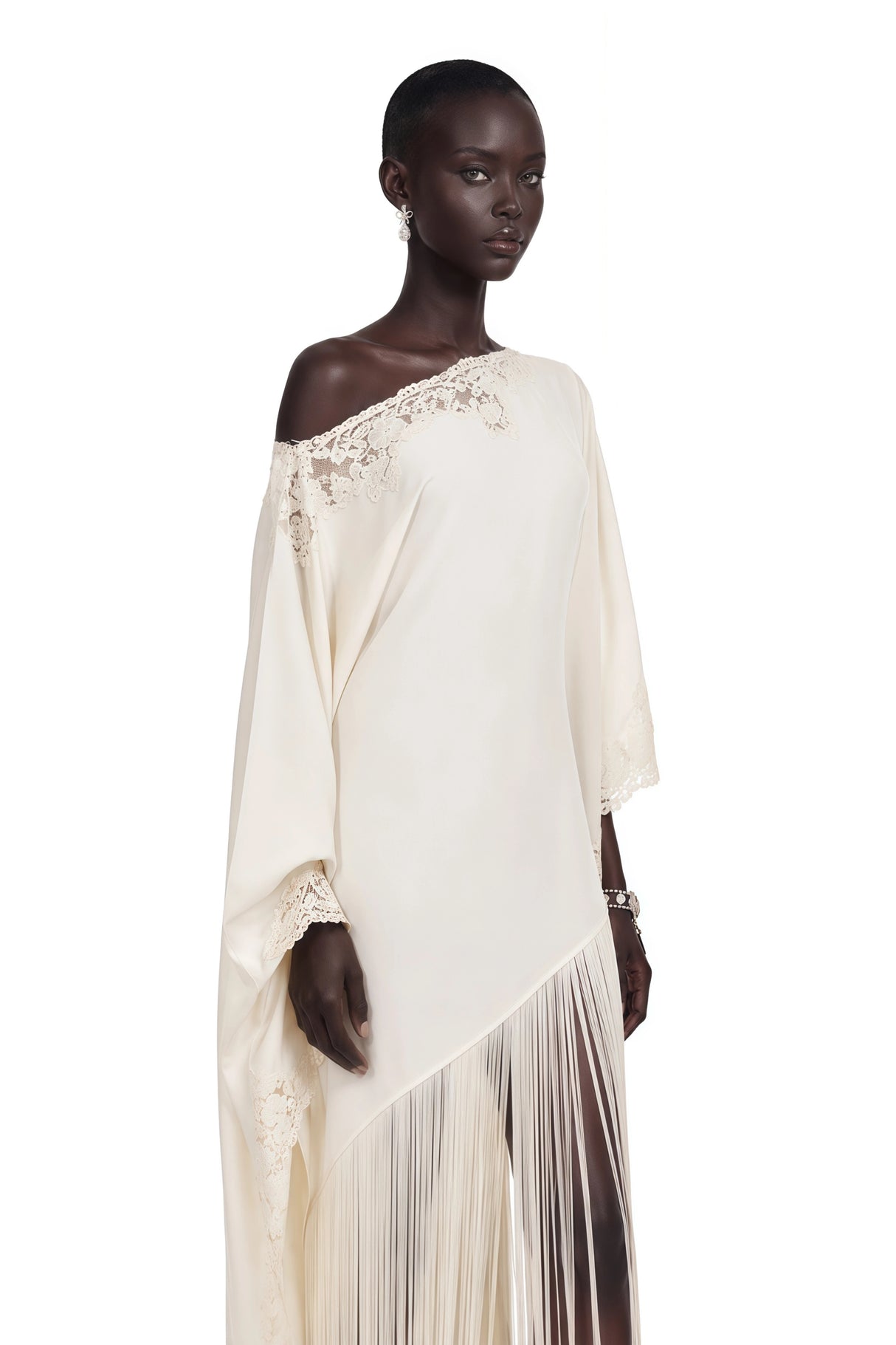 Ombeline White Asymmetrical Maxi Dress with Fringe