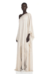 Ombeline White Asymmetrical Maxi Dress with Fringe