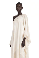 Ombeline White Asymmetrical Maxi Dress with Fringe
