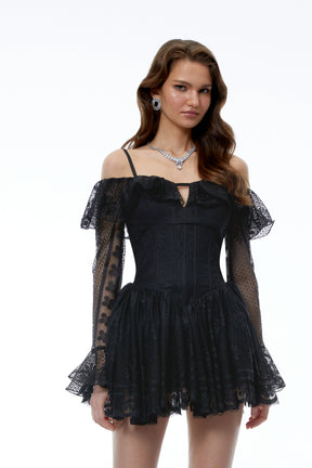 Omphale Black Floral Lace Ruffled Mini Dress