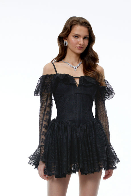 Fiorina Mini Dress Black Floral Lace Ruffled