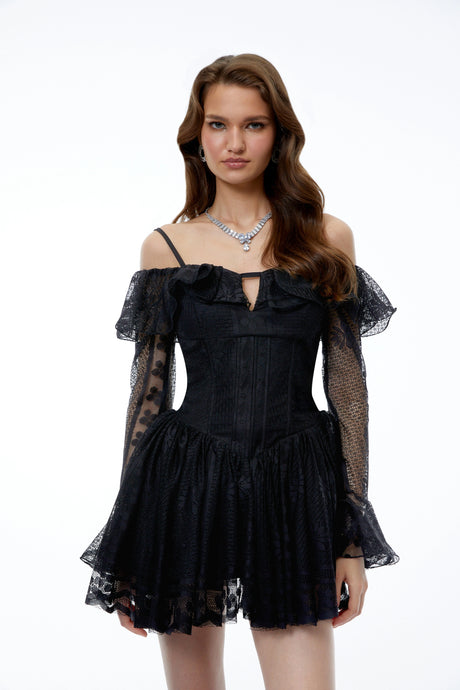 Fiorina Mini Dress Black Floral Lace Ruffled