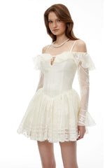 Omphale Neutral Floral Lace Ruffled Mini Dress
