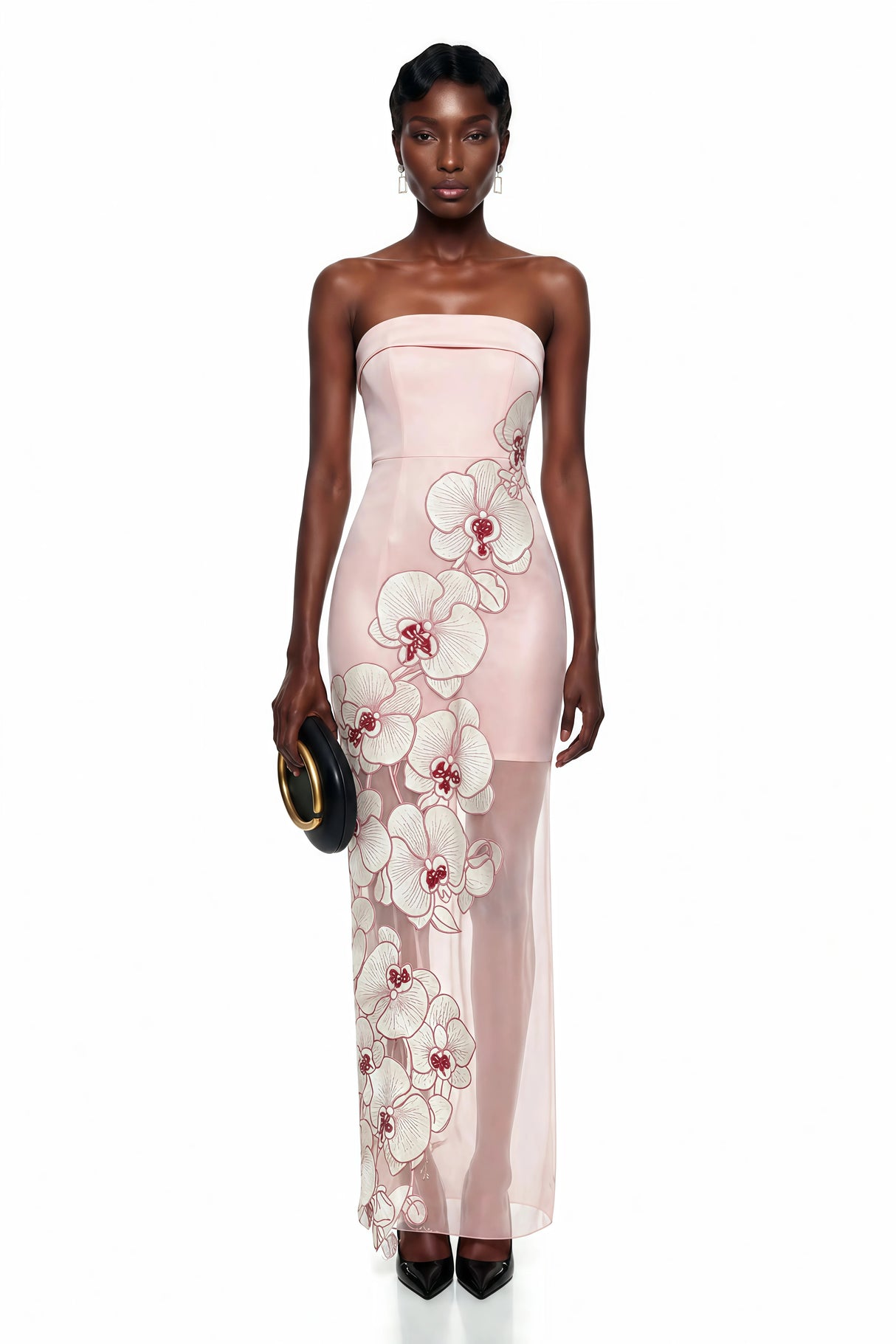 Ondina Pink SemiSheer Maxi Dress with Floral Applique