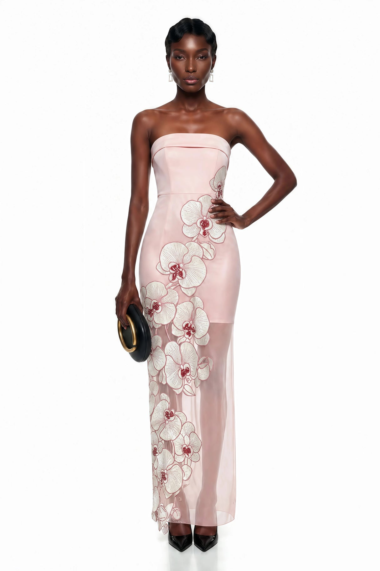 Ondina Pink SemiSheer Maxi Dress with Floral Applique