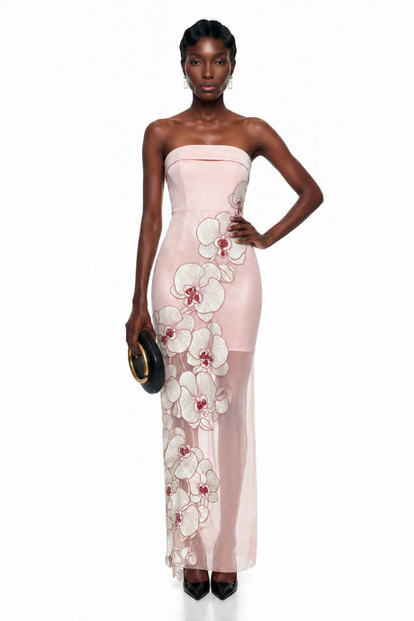 Elisa Maxi Dress Pink Semi-Sheer with Floral Applique