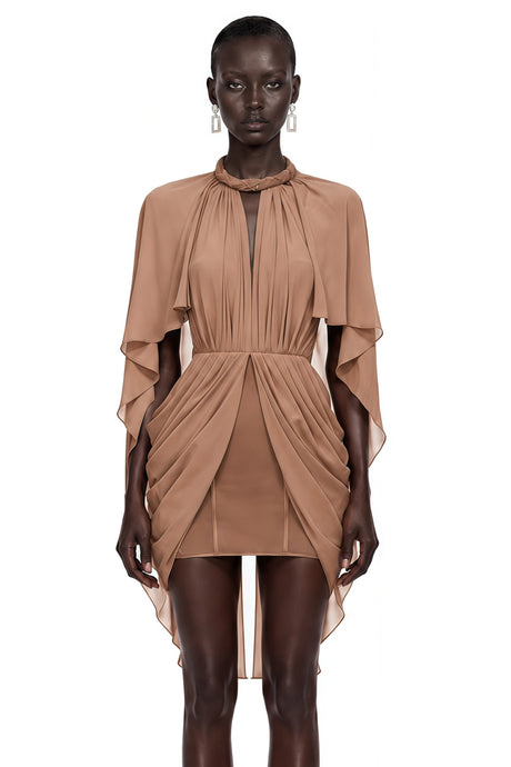 Natalia Mini Dress Brown Draped Cape Sleeve