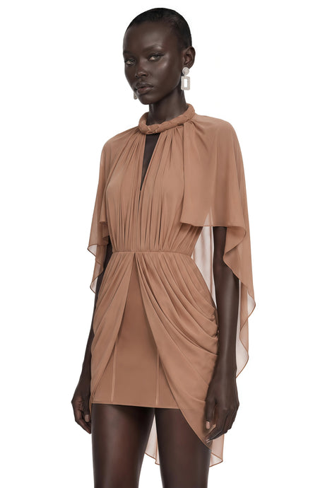 Natalia Mini Dress Brown Draped Cape Sleeve