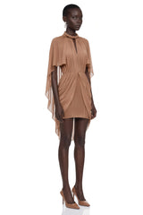 Ondria Brown Draped Cape Sleeve Mini Dress