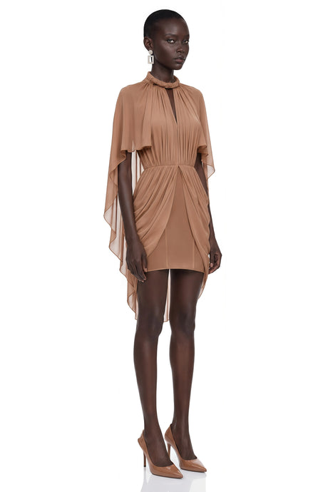 Natalia Mini Dress Brown Draped Cape Sleeve