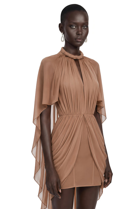 Natalia Mini Dress Brown Draped Cape Sleeve