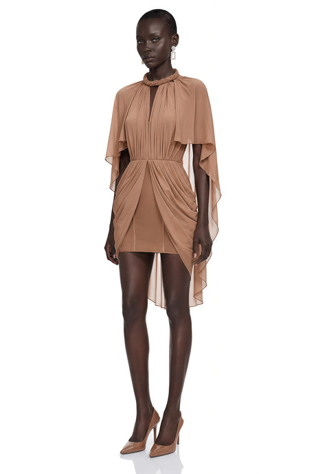 Natalia Mini Dress Brown Draped Cape Sleeve