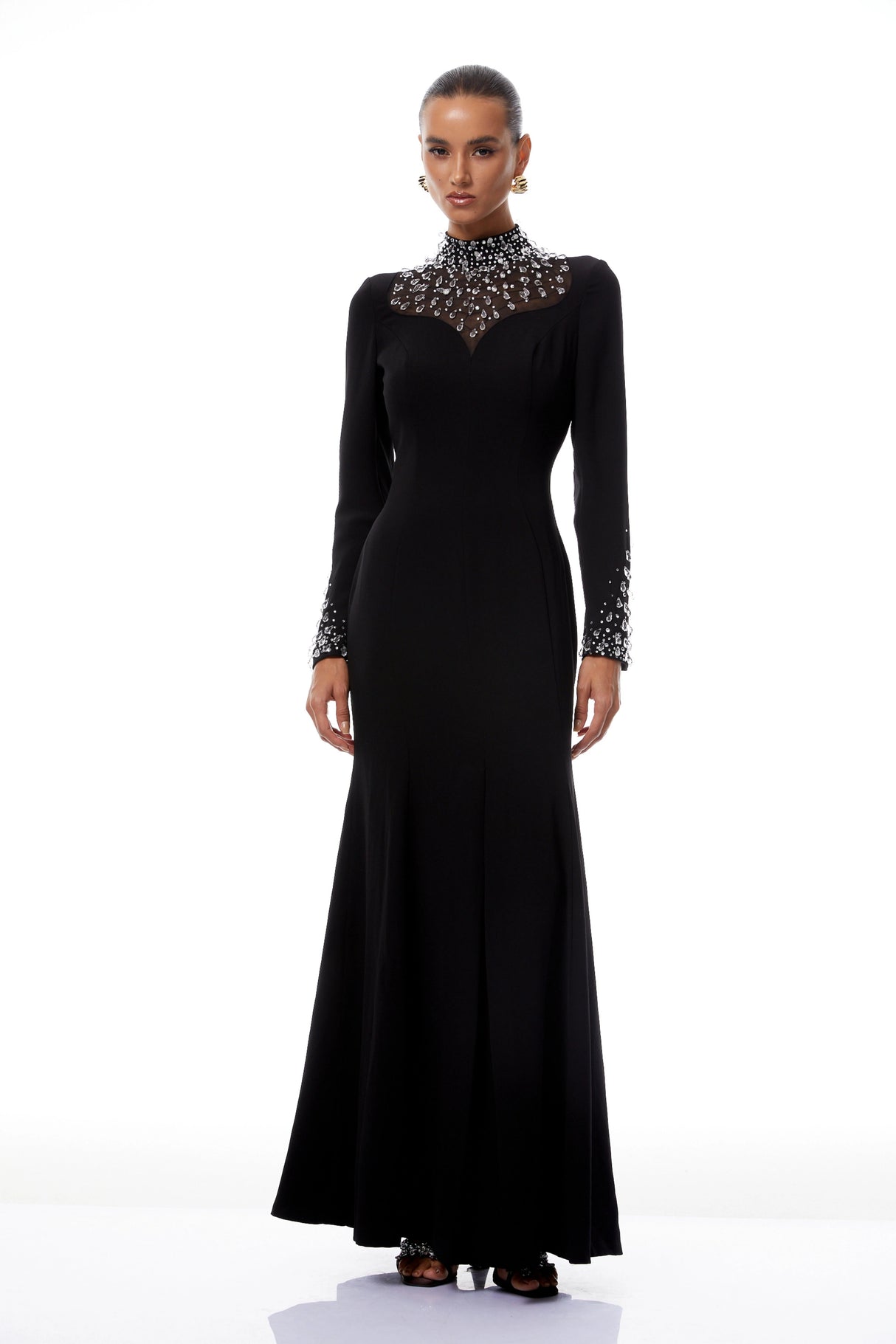 Oona Black Embellished Flared Maxi Gown