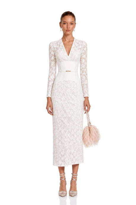Caterinella Midi Dress White Floral Lace Pencil