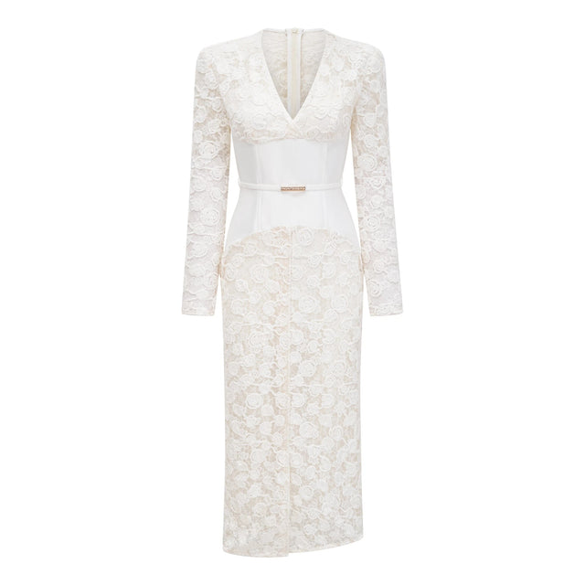 Oona White Floral Lace Pencil Midi Dress
