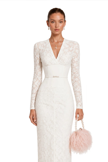 Caterinella Midi Dress White Floral Lace Pencil
