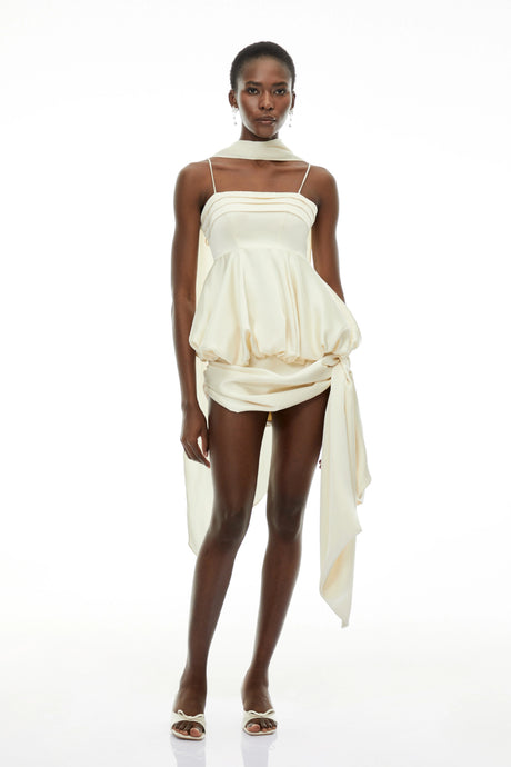 Olga Mini Dress Neutral Asymmetrical Satin