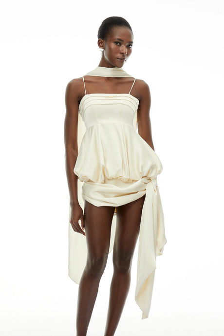 Olga Mini Dress Neutral Asymmetrical Satin