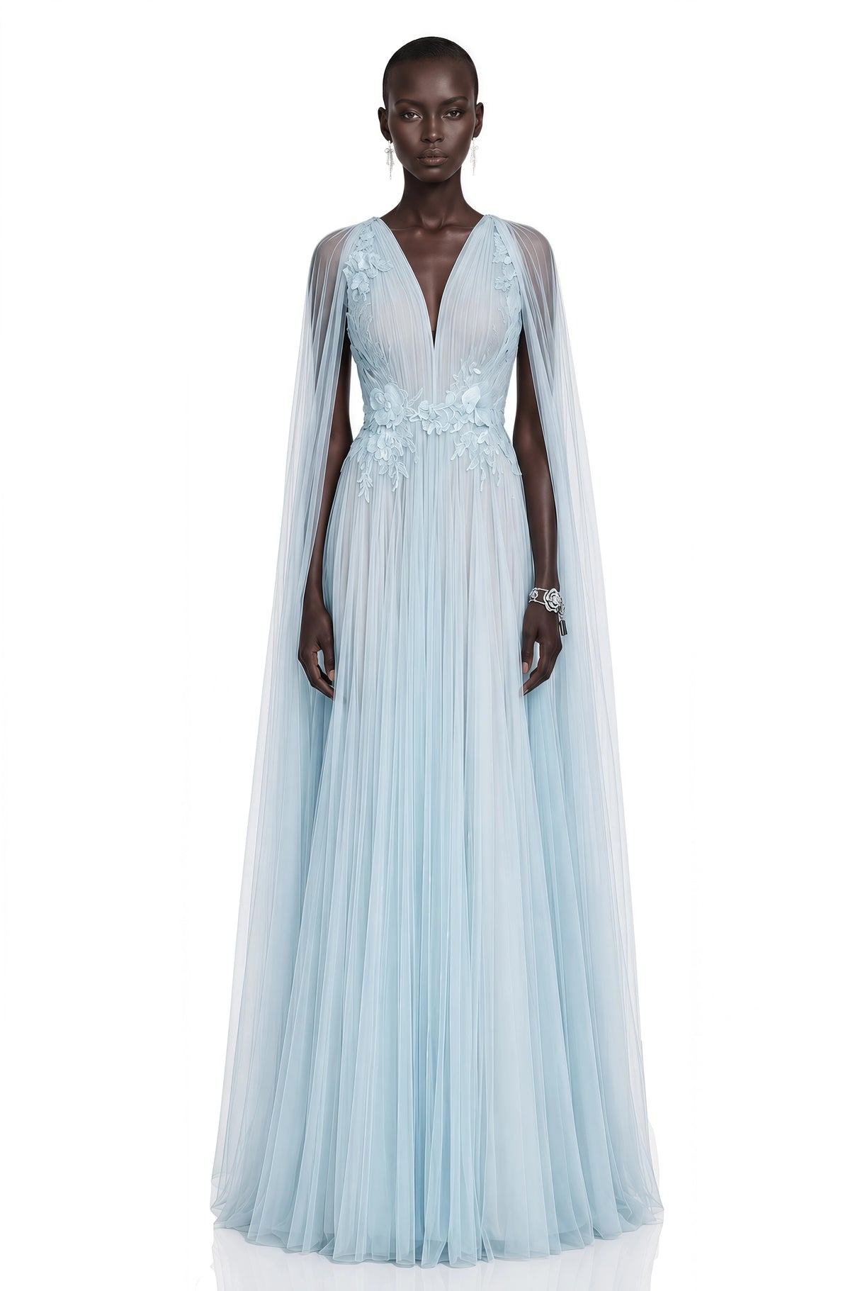Ophelia Ice Blue Mesh Ruched Maxi Dress with Cape