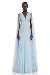 Ophelia Ice Blue Mesh Ruched Maxi Dress with Cape