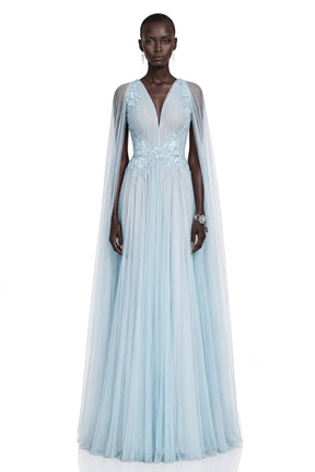 Ophelia Ice Blue Mesh Ruched Maxi Dress with Cape