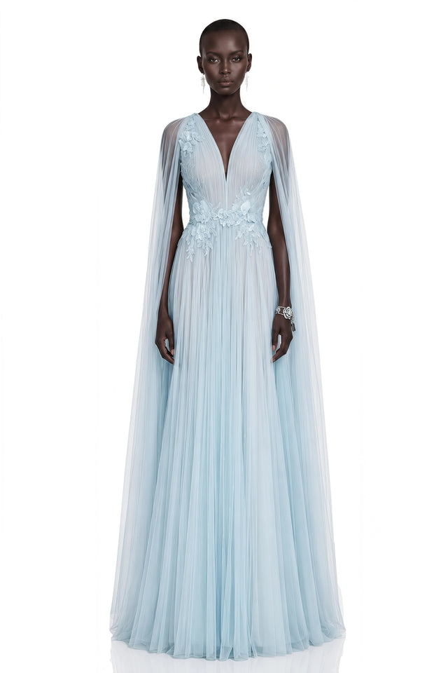 Ophelia Ice Blue Mesh Ruched Maxi Dress with Cape