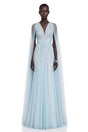 Ophelia Ice Blue Mesh Ruched Maxi Dress with Cape